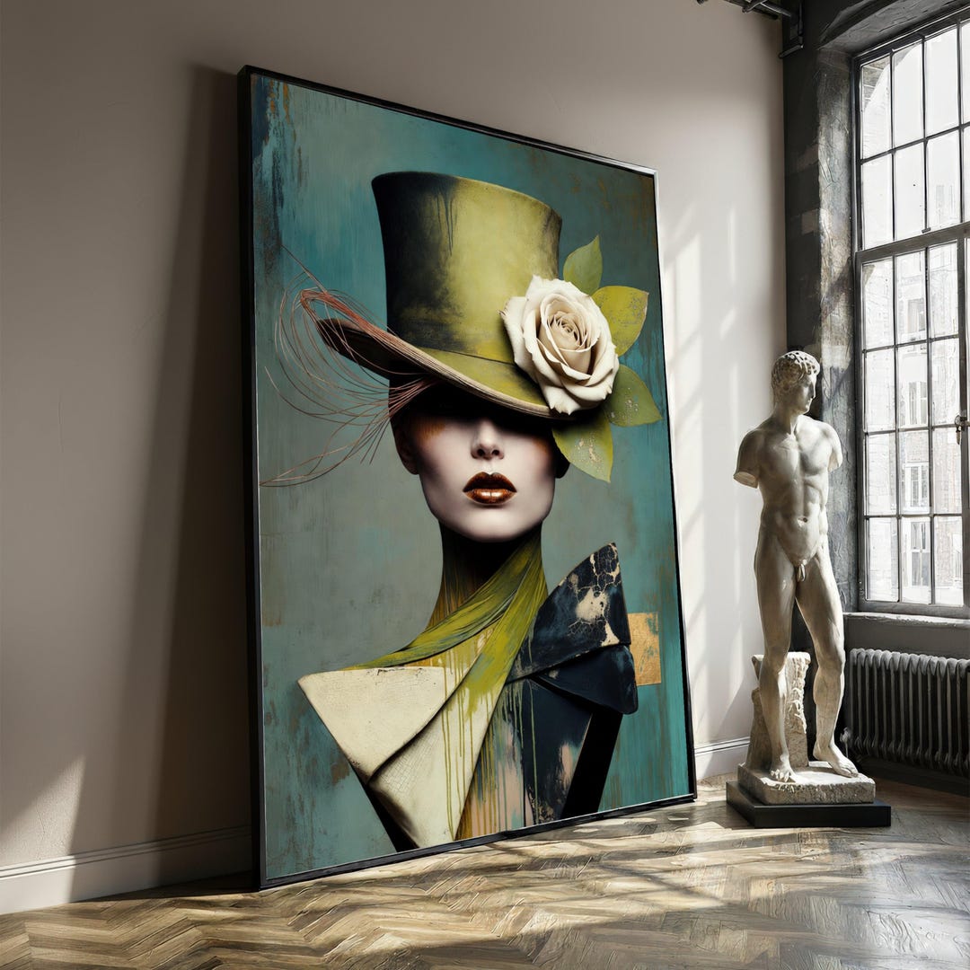 Elegant Woman Portrait Canvas, Vintage Top Hat Art, Floral Hat Canvas ...