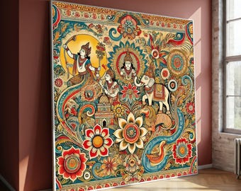 Hindu Deity Canvas Painting, Indian Mythology Wall Art, Colorful Ethnic Decor, Vibrant Floral Religious Artwork, Chic Home Decor, Gift Idea
