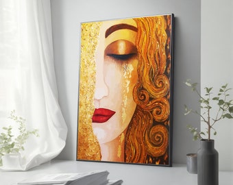 Pintura en lienzo de lágrimas de Gustav Klimt Freya: brillante arte de pared dorado para decoración del hogar, regalo perfecto para amantes del arte