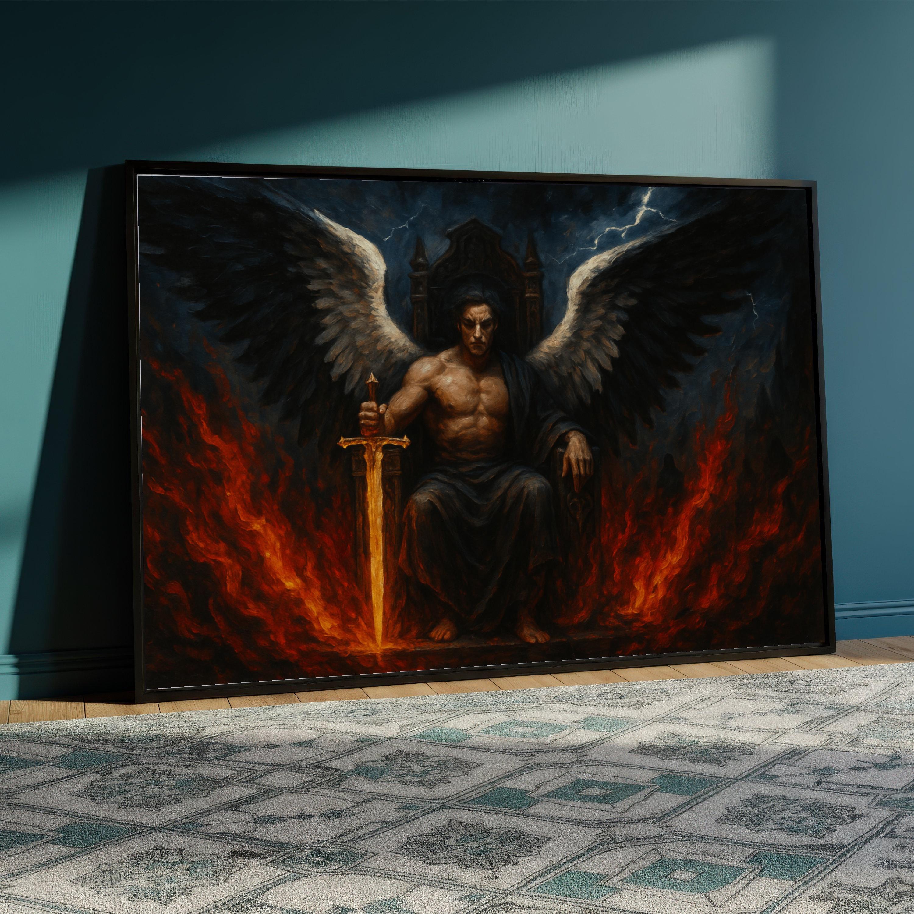 Dark Angel With Sword Canvas Painting, Gothic Warrior Wall Art