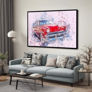 Classic Car Canvas Painting, Red Car Wall Art, Canvas Decor, Extra Large Red Car Wall Decor for Living Room, Perfect Gift for Him