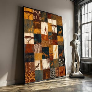 African Safari Patchwork Canvas, Giraffe and Acacia Tree Wall Art, Tribal Pattern Home Decor, Wildlife Silhouettes Canvas, Rustic Earth