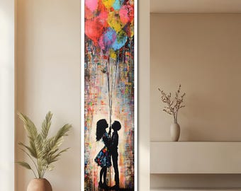 Romantic Art Canvas Painting, Graffiti Couple with Balloons, Hallway Wall Art, Living Room Decor, Modern Pop Art, Unique Gift for Lovers