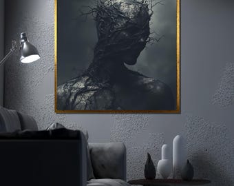 Dark Surreal Canvas Painting, Mystical Human Tree Artwork, Gothic Fantasy Wall Art, Moody Nature Decor, Unique Gift for Dark Art Lovers