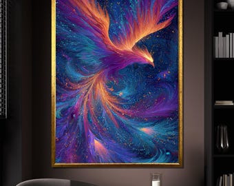 Colorful Phoenix Canvas Painting, Vibrant Firebird Wall Art in Cosmic Style, Mythical Bird Artwork for Home Decor, Perfect Gift Idea