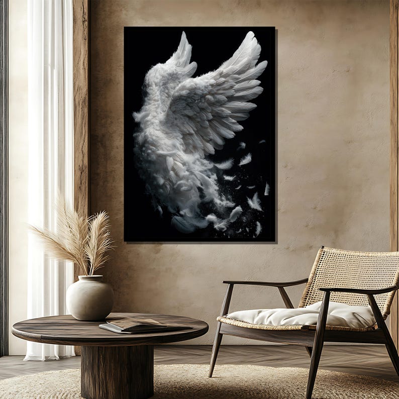 May include: A black and white canvas print featuring a detailed depiction of a single angel wing. The wing is rendered in shades of white and gray, with individual feathers visible. Some feathers appear to be falling away from the main structure.