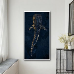 May include: A digital art print of a whale shark with a gold and black patterned design on a dark blue background.