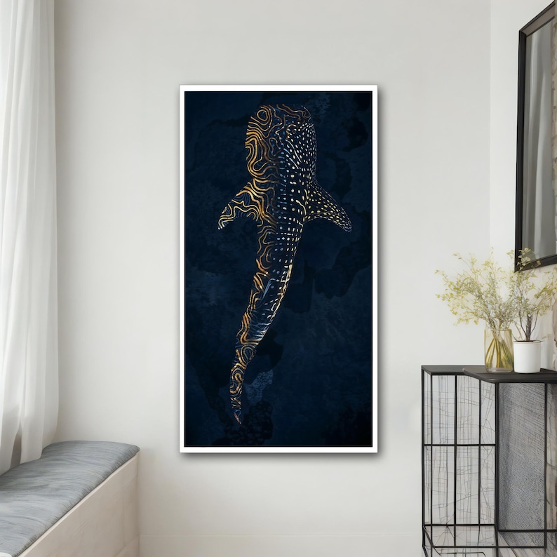May include: A digital art print of a whale shark with a gold and black patterned design on a dark blue background.