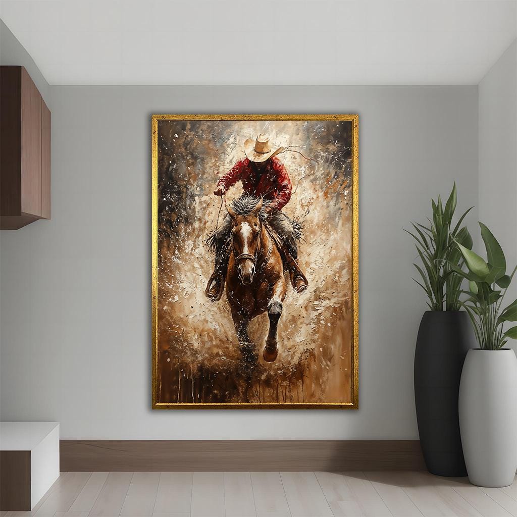 Dynamic Cowboy on Horse Canvas Painting, Western Wall Art for Home ...