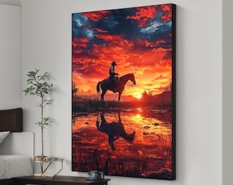 Cowboy bei Sonnenuntergang Sonnenuntergang, Western Wandbild mit Pferd, Western Wandbild, Bauernhaus Dekoration, einzigartiges Geschenk für Sie und Ihn