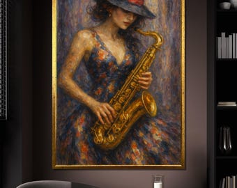 Jazz Lady Canvas Painting, Elegant Woman with Saxophone Wall Art, Musical Home Decor for Lounge, Saxophone Print, Artistic Gift Idea