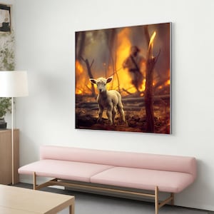 May include: A white lamb stands in a field with a backdrop of smoke and fire. The lamb is looking directly at the camera.