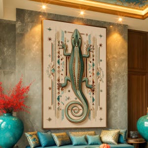 May include: A rectangular wall art piece featuring a central teal and green lizard with a curled tail. The lizard is surrounded by geometric patterns, vertical lines, and small star shapes on a light beige background, all enclosed in a thin frame.
