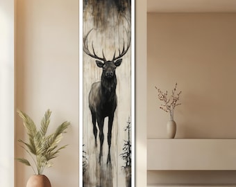 Quadro rustico con alce su tela, decorazione murale con cervo del bosco, arredamento con animali selvatici, arte con animali della foresta, arte verticale, opera d'arte per baita di montagna, regalo unico