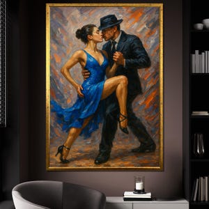 タンゴダンスのキャンバス絵画、青いドレスを着たロマンチックなカップルのウォールアート、情熱的な動きのシーン、大胆なラテンスタイル、ギフトアイデア