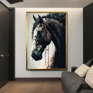 May include: A black and white abstract painting of a horse's head with splashes of color in the background. The painting is framed in a gold frame.