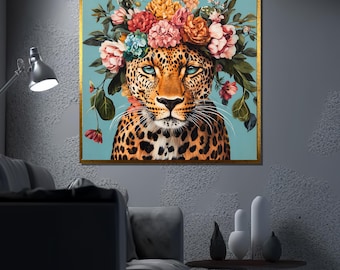 Floral Leopard Canvas Painting, Wild Animal Wall Art, Jungle Cat with Flowers Decor, Boho Safari Artwork, Unique Gift for Nature Lovers
