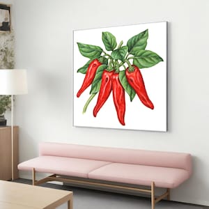 Lebendige rote Paprika Leinwand Gemälde, Chili Pepper Kunst, Küchendekoration, rote Paprika Wandkunst, modernes botanisches Bauernhaus Geschenk