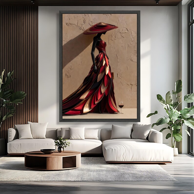 Elegant Woman in Red Feathered Dress Canvas, Abstract Fashion Art ...