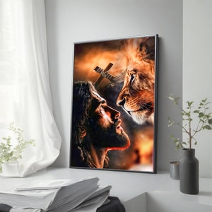 Jesus and Lion Art Canvas Print, Christian Wall Decor, Ready to Hang Framed Canvas, Christian Art, Jesus And Lion Poster, Christian Gift