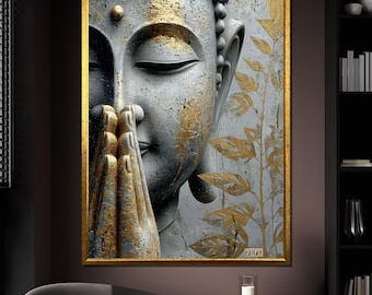 Buddha Canvas Painting, Gold and Gray Zen Wall Art, Spiritual Meditation Home Decor, Asian Tranquility Artwork, Unique Gift
