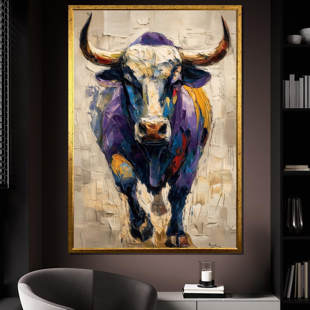Colorful Bull Canvas Painting, Bold Animal Wall Art, Abstract Canvas ...