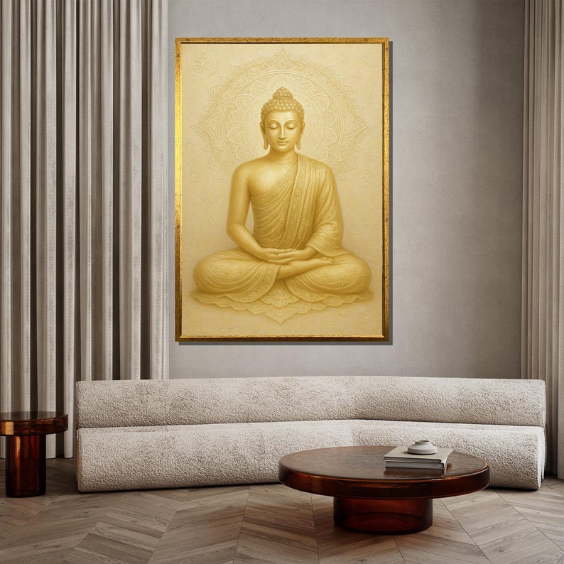 May include: A golden Buddha statue sitting in meditation pose with a mandala behind it. The statue is framed in a gold frame and is set against a neutral background.