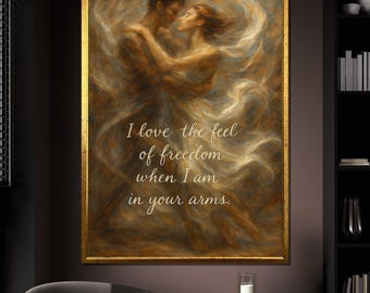 Romantic Embrace Canvas Painting, Dreamy Couple Wall Art with Love Quote, Emotional Abstract Art Print, Unique Gift for Lovers