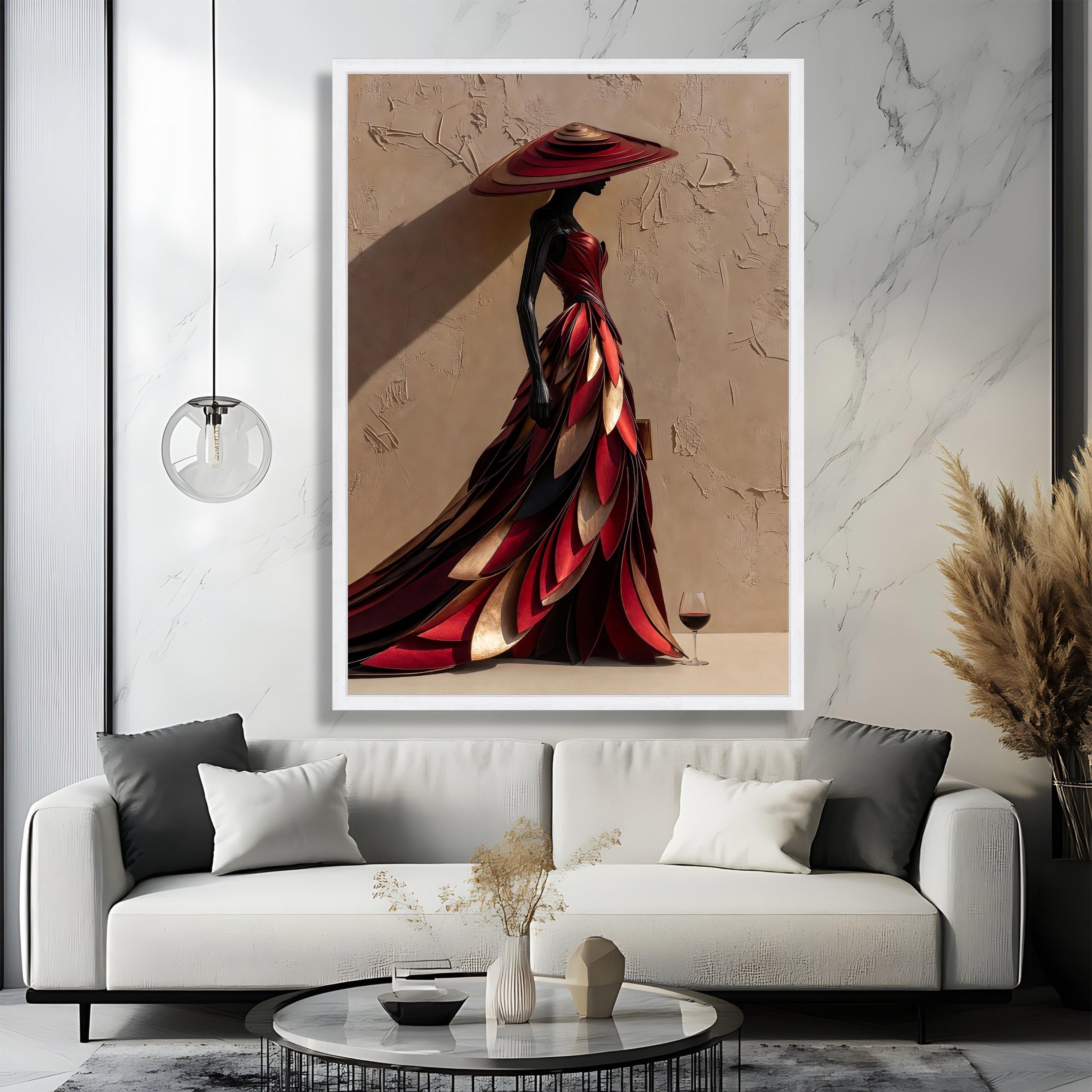 Elegant Woman in Red Feathered Dress Canvas, Abstract Fashion Art ...