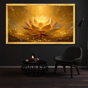 Radiant Golden Lotus Flower Canvas, Spiritual Zen Wall Art, Meditation Room Artwork, Lotus Art Print, Peaceful Home Decor, Spiritual Gift image 2