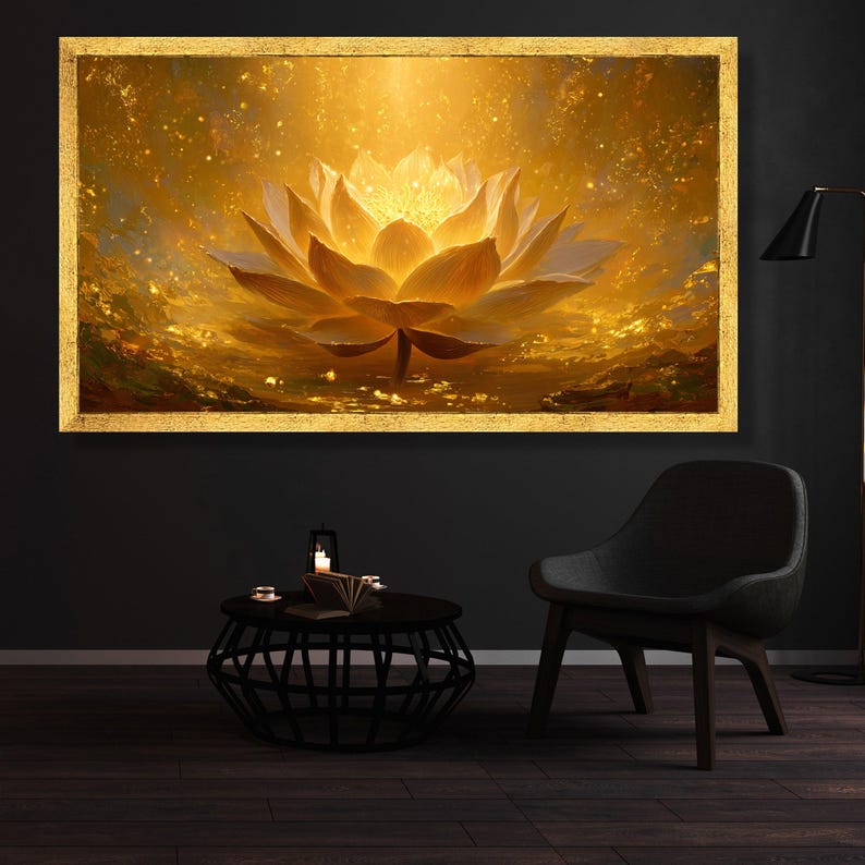 Radiant Golden Lotus Flower Canvas, Spiritual Zen Wall Art, Meditation Room Artwork, Lotus Art Print, Peaceful Home Decor, Spiritual Gift image 2
