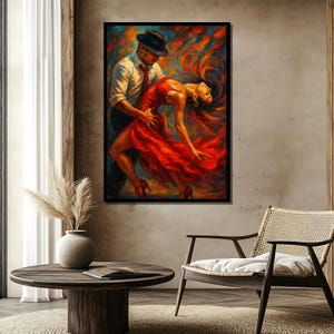 May include: A painting of a couple dancing. The man is wearing a black hat and a white shirt with a red tie. The woman is wearing a red dress. The painting is done in a painterly style with bold strokes and vibrant colors.