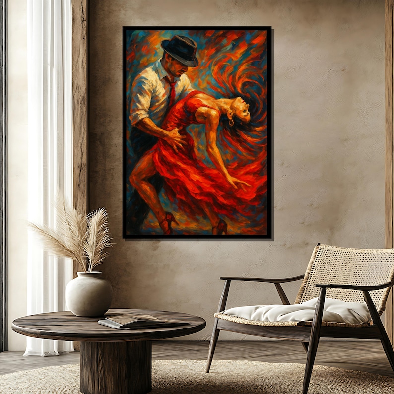May include: A painting of a couple dancing. The man is wearing a black hat and a white shirt with a red tie. The woman is wearing a red dress. The painting is done in a painterly style with bold strokes and vibrant colors.