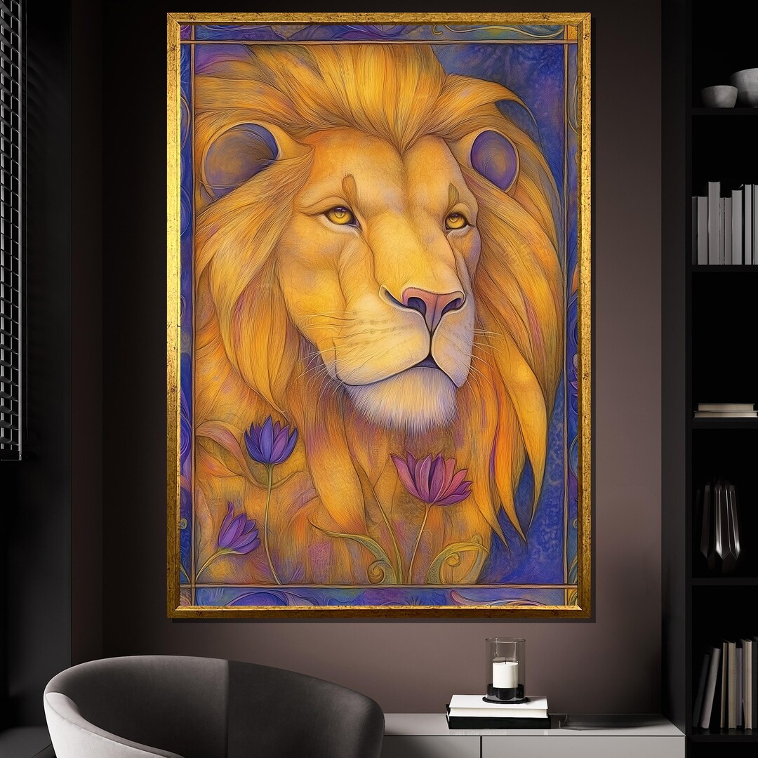 Majestic Lion Canvas Painting, Bold Animal Wall Art With Flowers, Regal ...