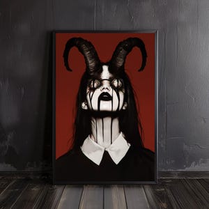 satan girl | devil poster, horror art, occult prints, creepy poster, gothic home decor, gothic wall art, satanic art prints, pagan wall art
