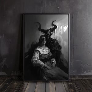 satan's embrace | devil poster, horror art, occult prints, creepy poster, gothic home decor, gothic wall art, demon, pagan, dark academia