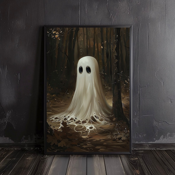 cute ghost in the forest | halloween poster art, gothic wall art, vintage poster art, dark academia, wall art painting, halloween wall decor