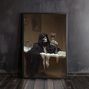 grim reaper in bathroom print | bubble bath skeleton, vintage poster, art poster print, dark academia, haunting ghost, halloween art decor