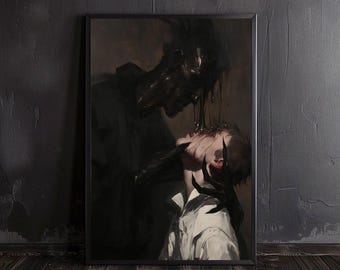 devil's embrace | satan poster, horror art, occult prints, creepy poster, gothic home decor, gothic wall art, demon, pagan, dark academia