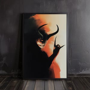 May include: A digital art print of a person with horns and a mask, in a dark silhouette against a bright orange and red background.