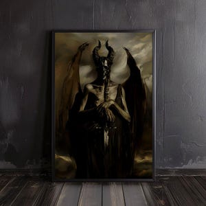 satan poster | devil print, horror painting art, occult prints, creepy poster, gothic home decor, gothic wall art, demon, pagan, dark art