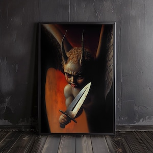 devil cherub | imp art print, satanic decor, horror prints, creepy art, satanic art, devil poster, hell arts, creepy wall arts, demon child