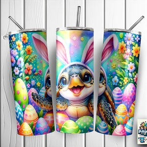 May include: A colorful Easter-themed tumbler featuring a cartoon turtle wearing bunny ears. The tumbler is surrounded by colorful Easter eggs and flowers.