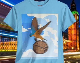 Europese zwaluw met een kokosnoot, uniseks zwaar katoenen T-shirt, shirt Britse filmliefhebber, grafisch T-shirt Britse komedie, artistiek T-shirt