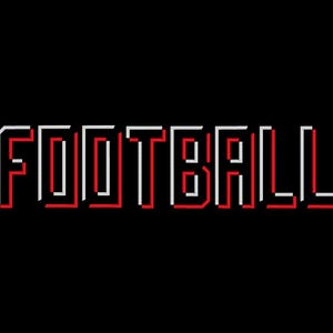 May include: The word "FOOTBALL" in white and red, outlined in a pixelated style, is centered on a black background. The letters have a 3D effect, with the red lines creating a shadow.