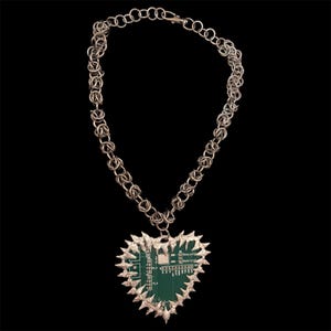 Upcycled Circuit Board Heart Pendant, Spiky Choker, Stainless Steel Chainmail Cyberpunk Necklace