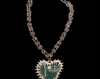 Upcycled Circuit Board Heart Pendant, Spiky Choker, Stainless Steel Chainmail Cyberpunk Necklace