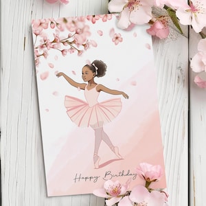 Cartes de joyeux anniversaire de petite fille afro-américaine, carte faite main personnalisée et faite sur commande, jeune ballerine mignonne, enfant dynamique assez dansant