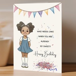 Afroamerikaner-Mädchen-alles Gute zum Geburtstagkarte, handgemachte Karte personalisiert und kundenspezifisch, nettes Konfetti und Kuchen, bunte lebendige Kinderparty-Karte