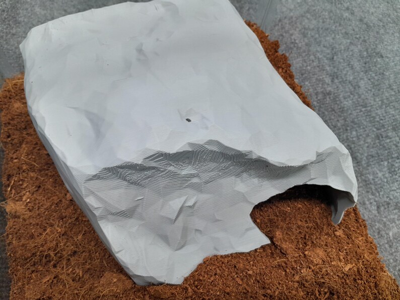 May include: A gray, textured, 3D printed reptile hide with a cave opening. The hide is made of a smooth, plastic-like material and is designed to provide a safe and secure hiding place for reptiles.